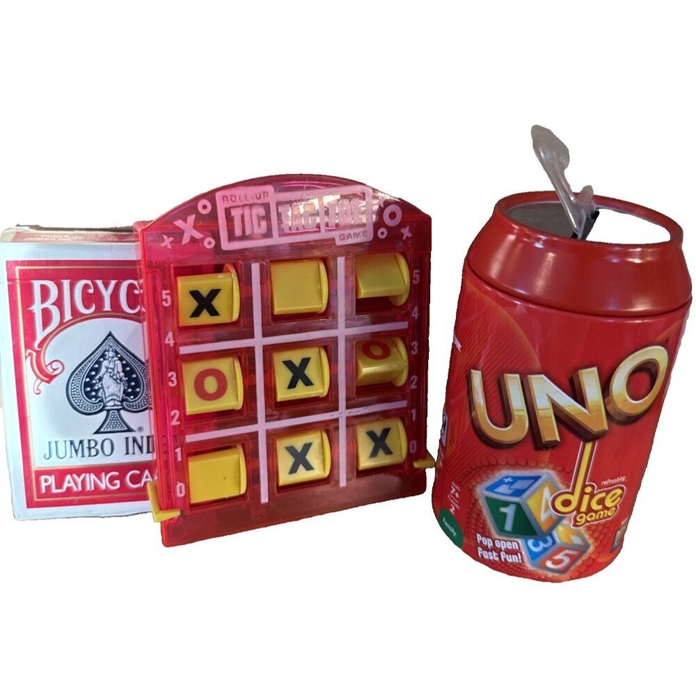 3 Games Lot Uno Dice Game In A Can, Large Print Playing Cards, Roll Tic Tax Toe